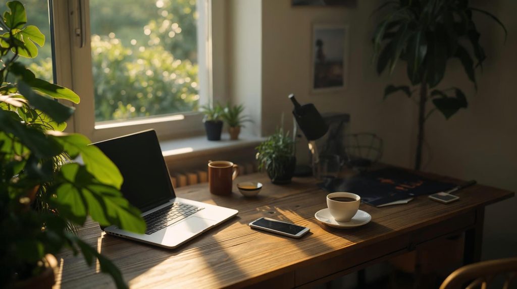 Lumaterra kapcsolatfelvétel – modern irodai környezet, laptop, növények és kávé az asztalon