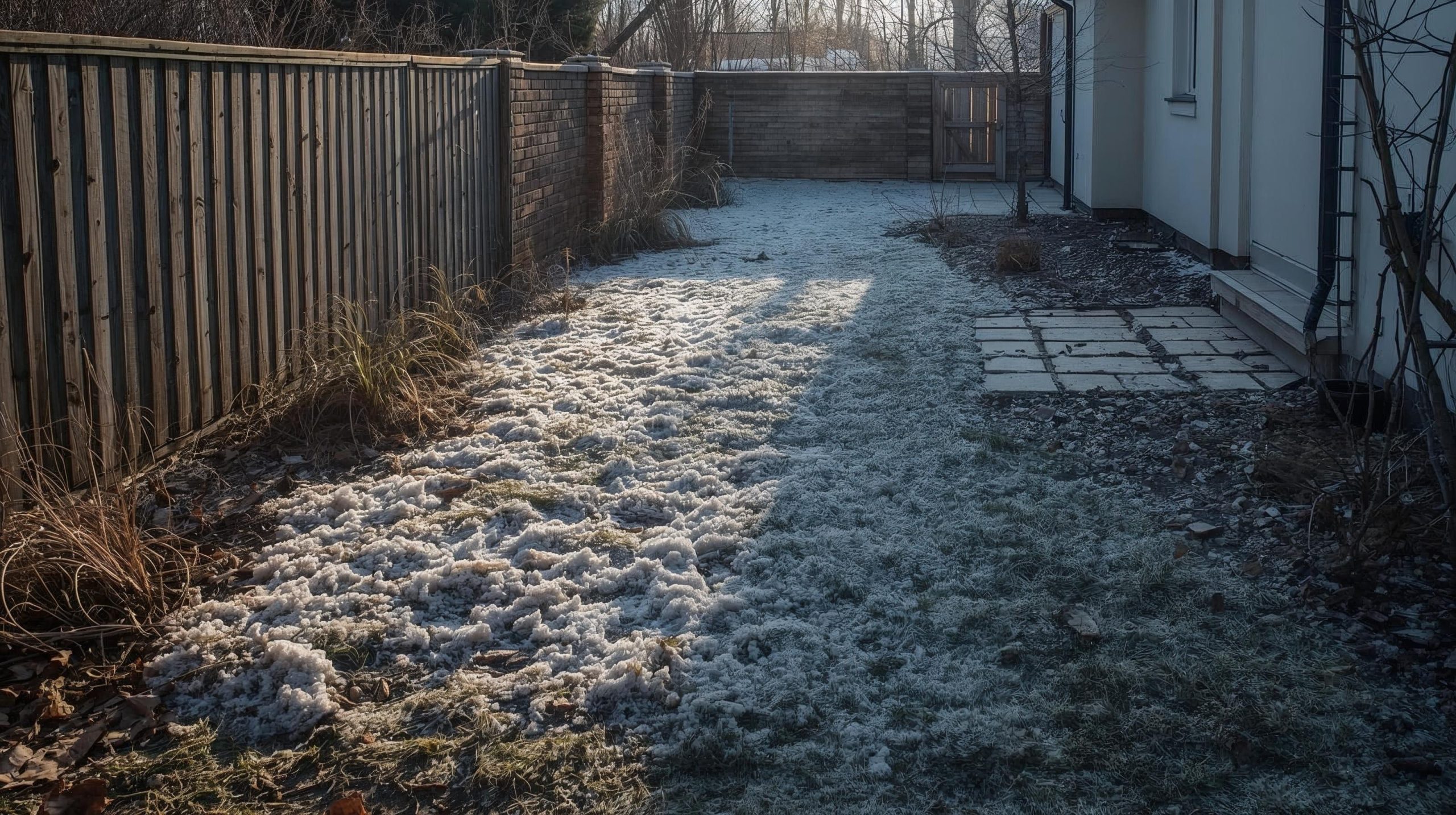 Fagyott, árnyékos kert télen, részben napos és részben deres talajjal egy ház mellett.