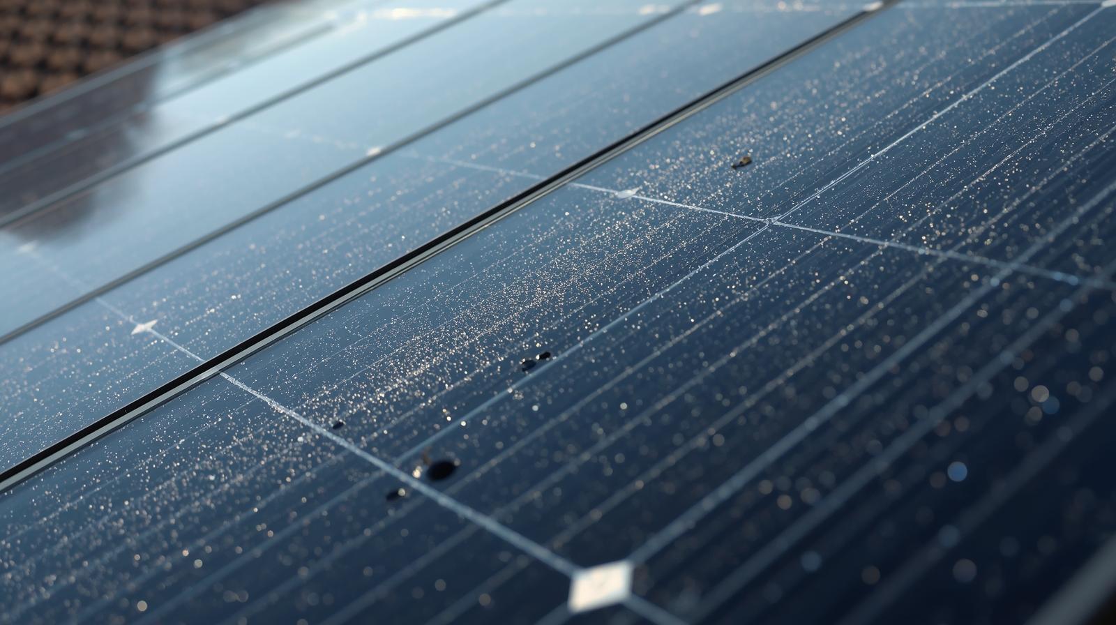 Poros és szennyezett felületű napelem panel közelről, ahol a lerakódott por és szennyeződés csökkentheti az energiatermelés hatékonyságát. Miért fontos a napelem tisztítása.