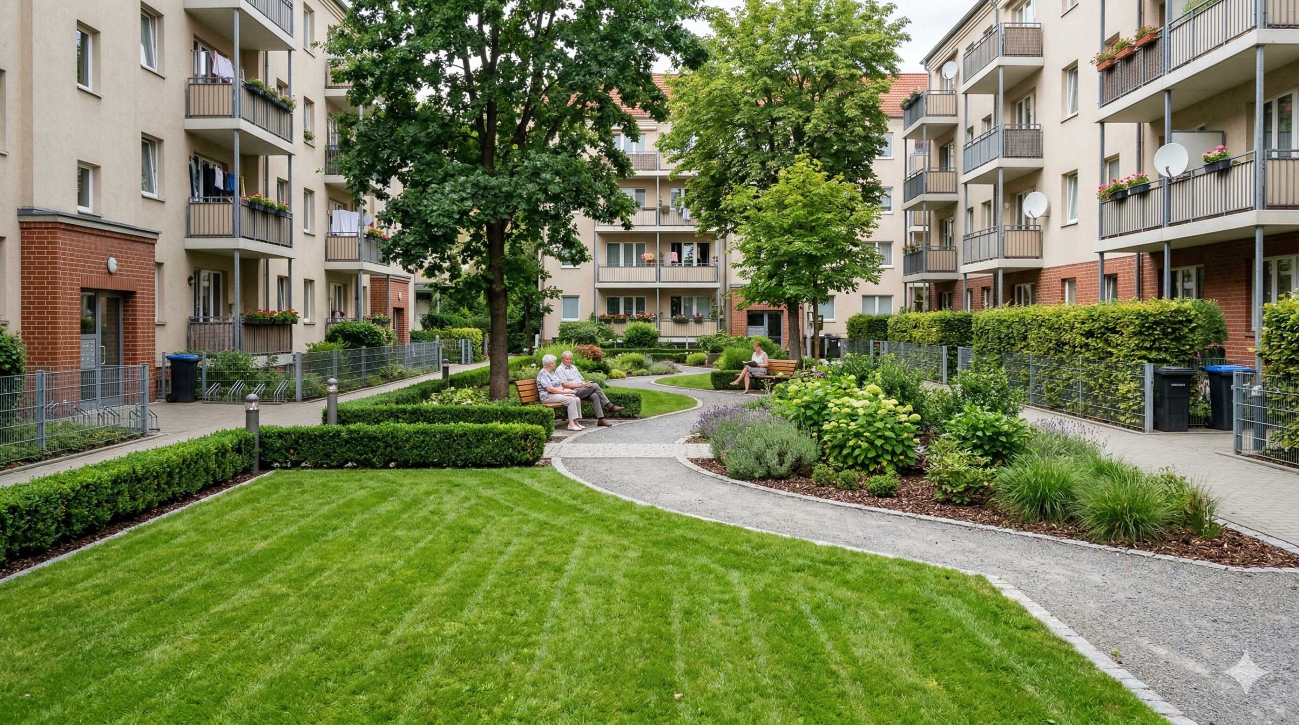 Zöldterület-kezelés társasházaknak: gondozott kert, nyírt gyep és rendezett közösségi zöldfelület lakóparkban.
