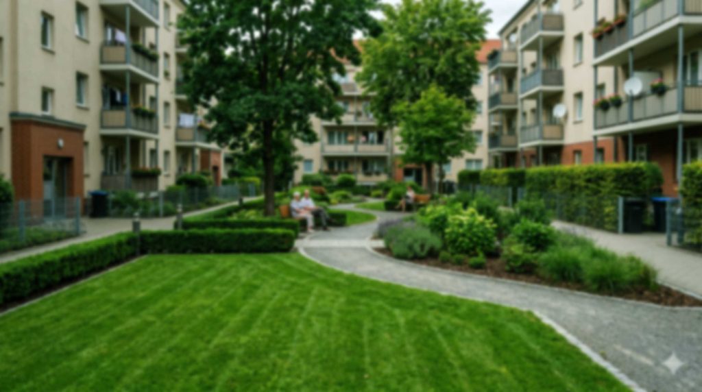 Zöldterület-kezelés társasházaknál: gondozott kert, nyírt gyep és rendezett közösségi zöldfelület lakóparkban.