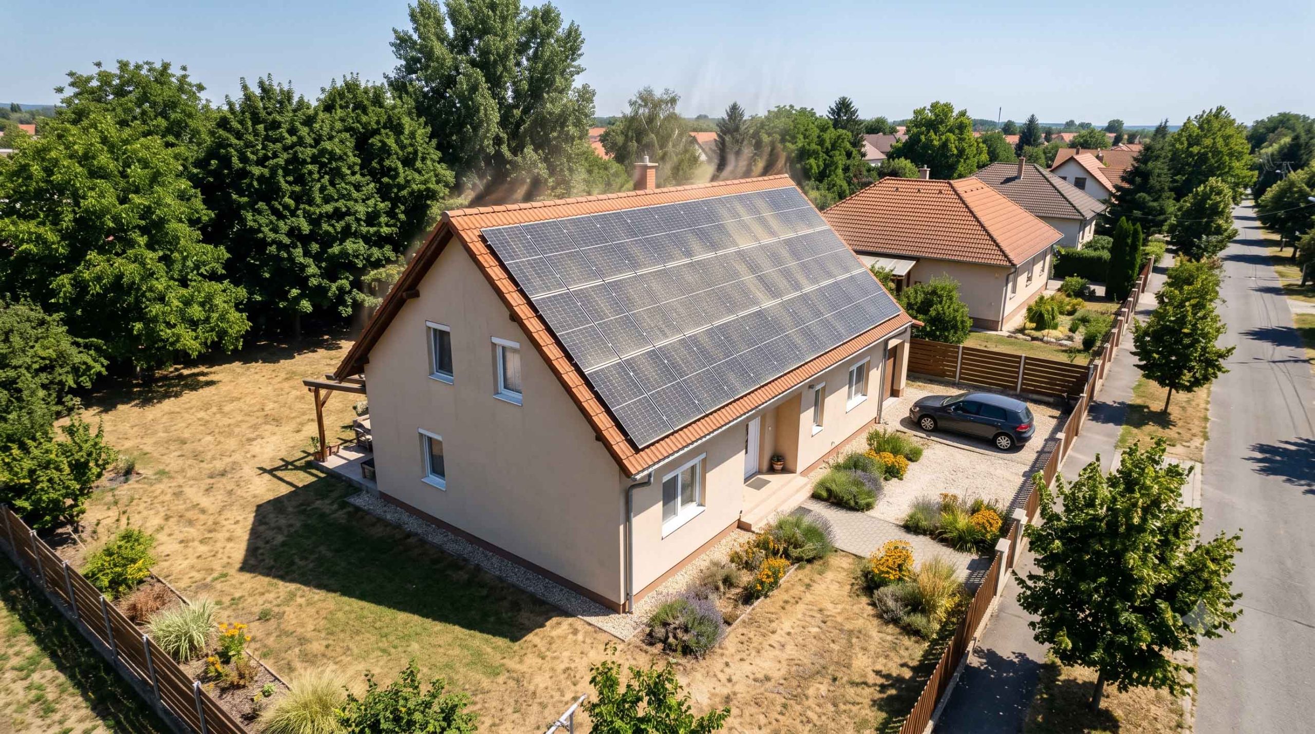 Napelem tisztítás nyáron poros napelemrendszeren a maximális energiatermelés megőrzése érdekében.
